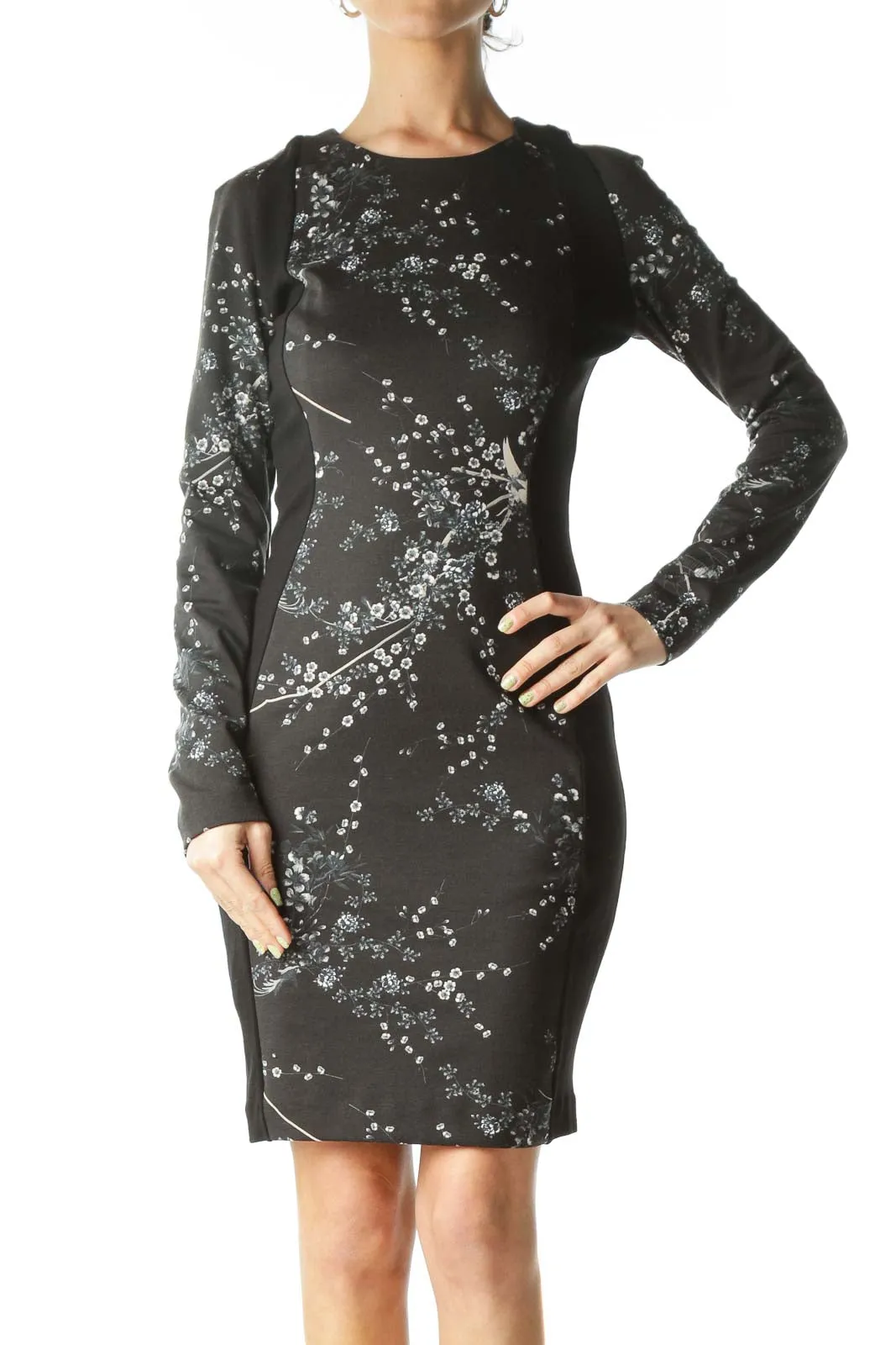 Black Floral Long-Sleeve Bodycon Dress