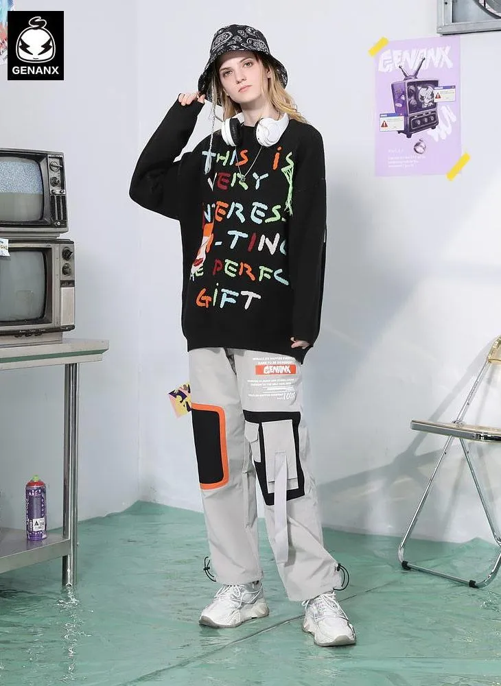 Black Letter Print Crew Neck Drop-Shoulder Sleeve Sweater