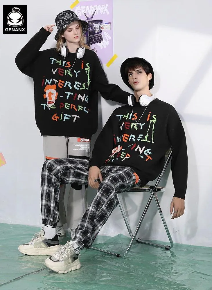 Black Letter Print Crew Neck Drop-Shoulder Sleeve Sweater