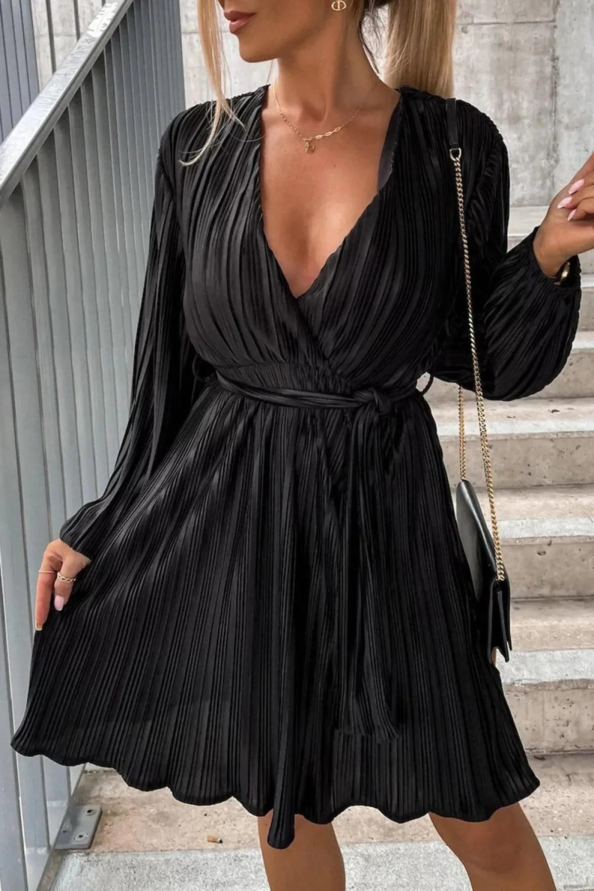 Black Surplice V Neck Pleated Dress With Belt