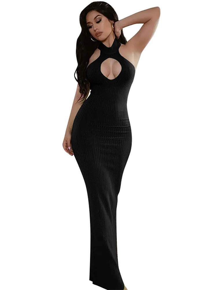 Bodycon Hollow Out Sleeveless Ribbed Knit Maxi Dresses