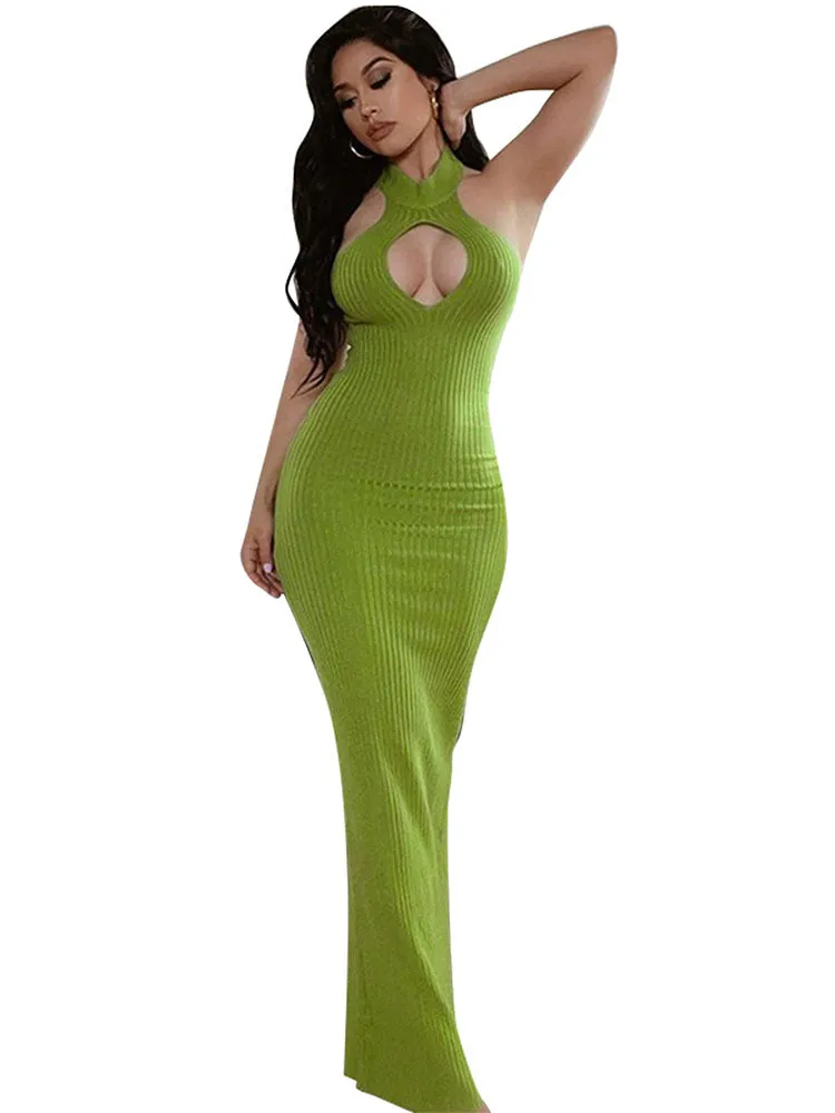 Bodycon Hollow Out Sleeveless Ribbed Knit Maxi Dresses