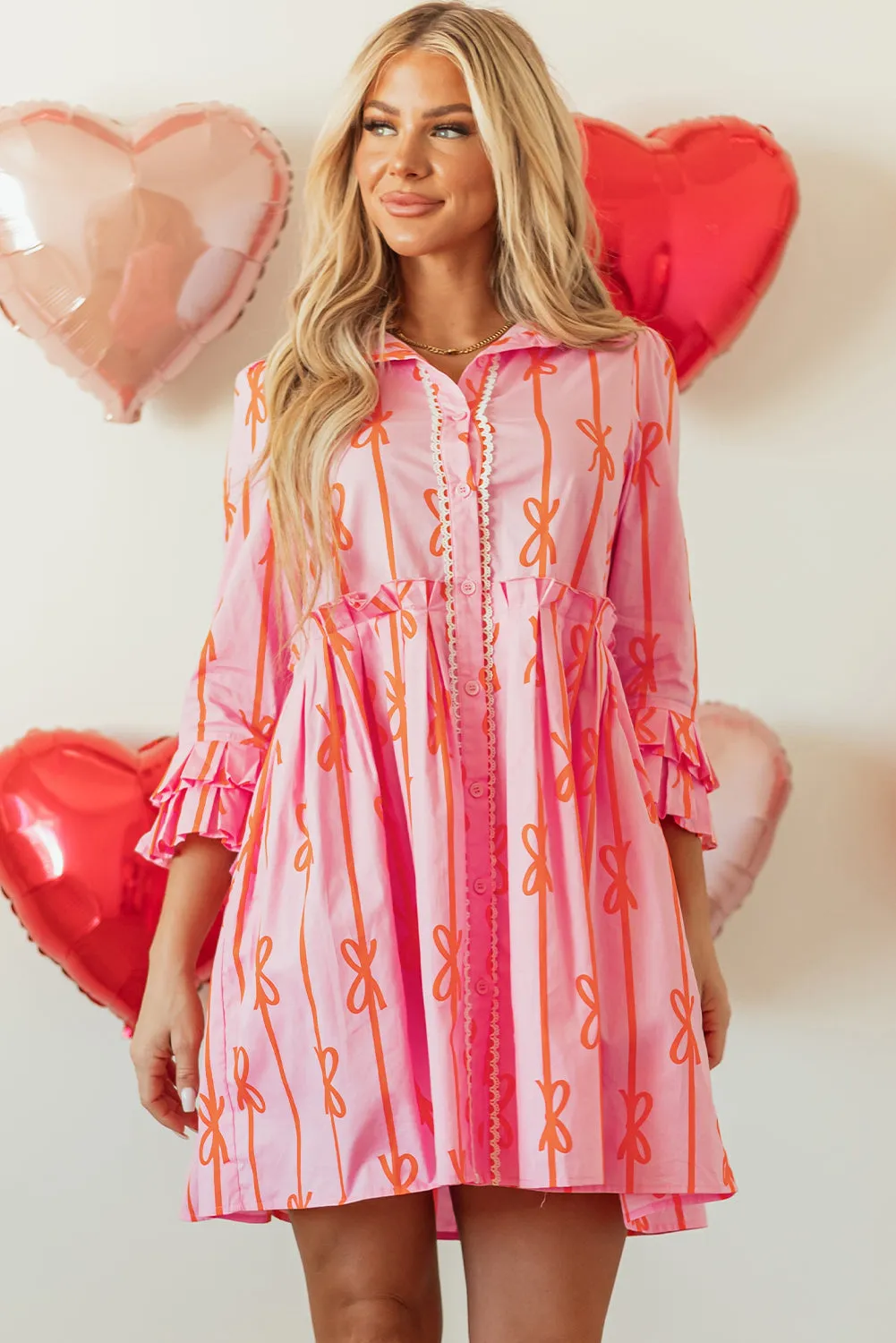 Bowknot Striped Printed Shirt Dress