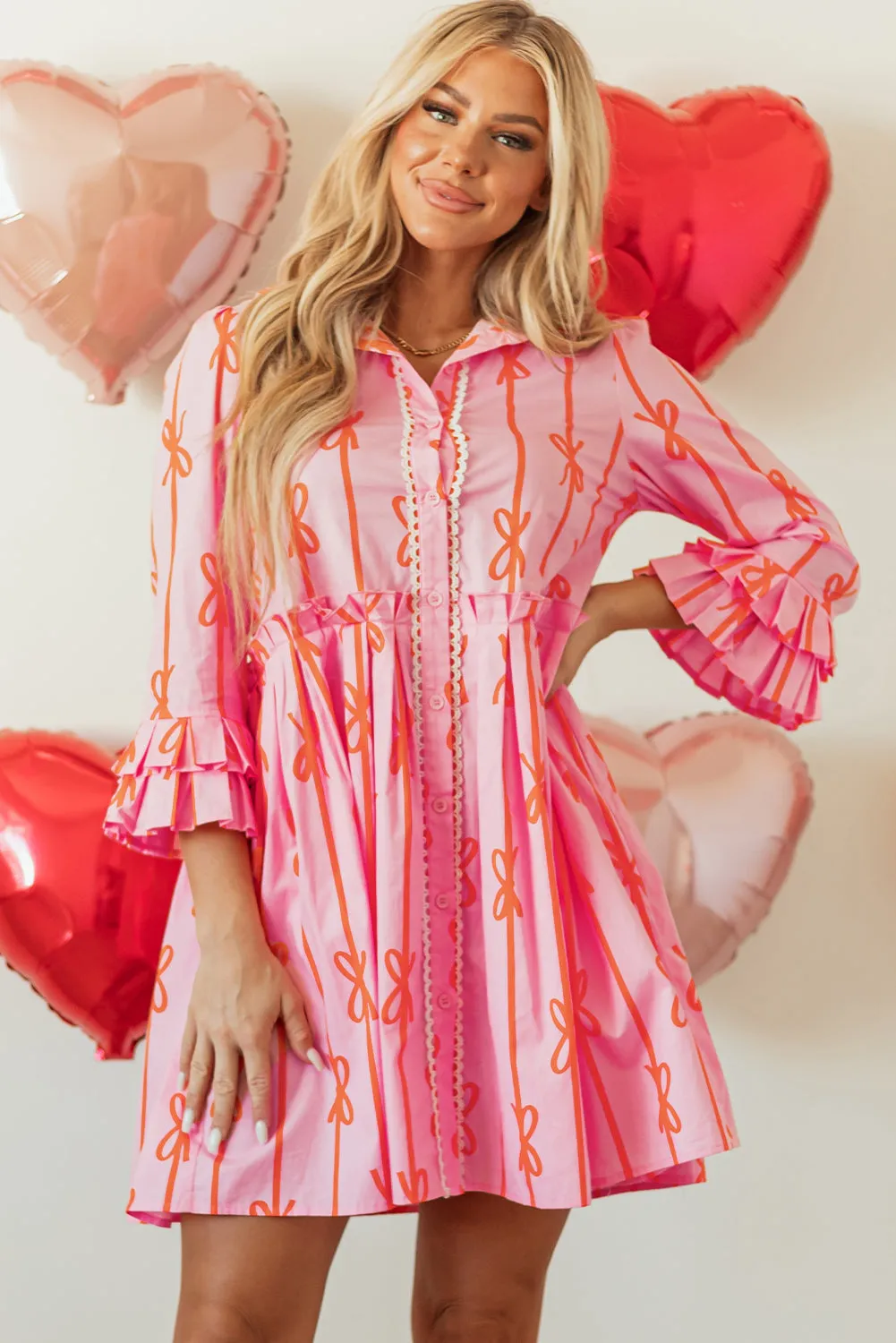 Bowknot Striped Printed Shirt Dress