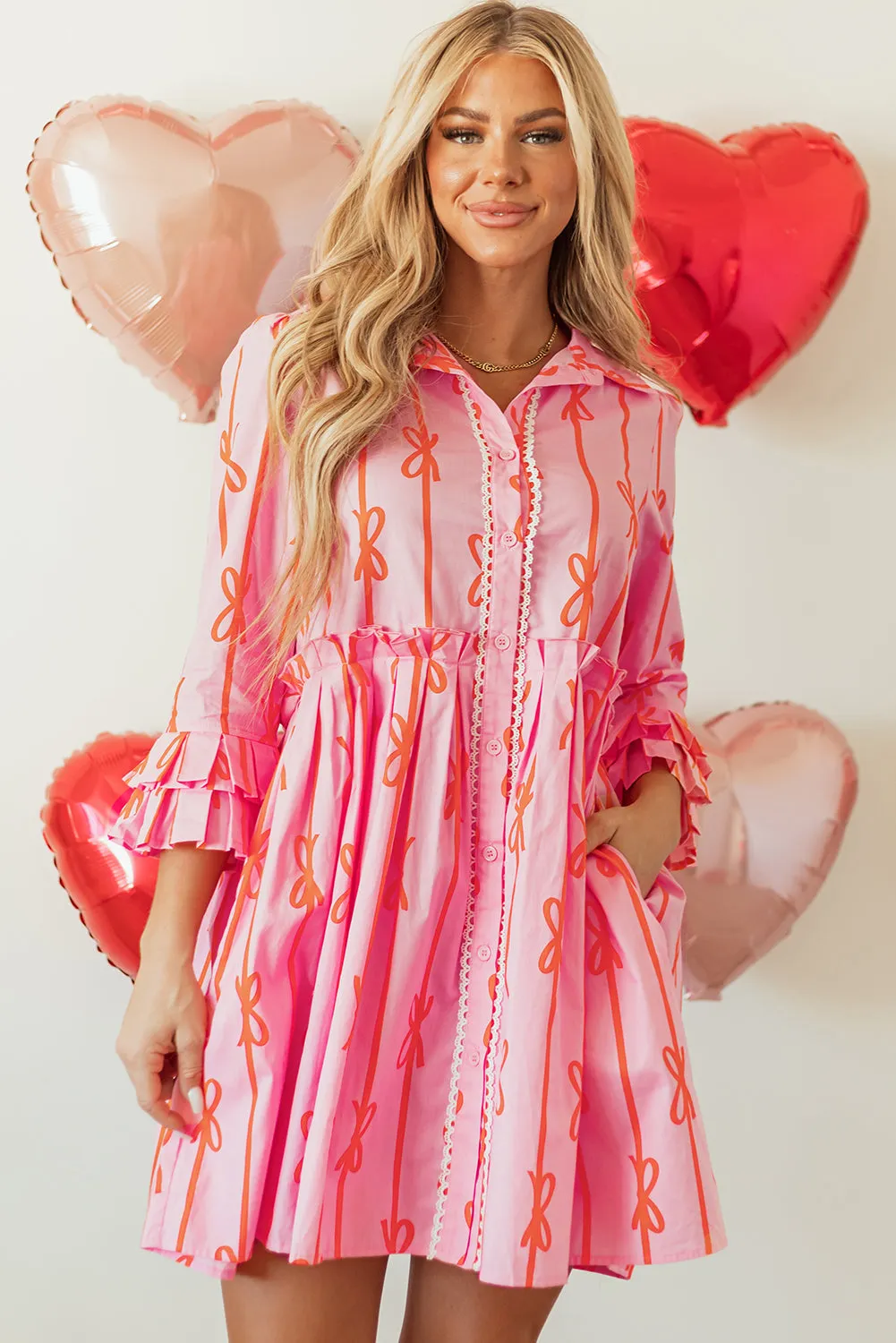 Bowknot Striped Printed Shirt Dress