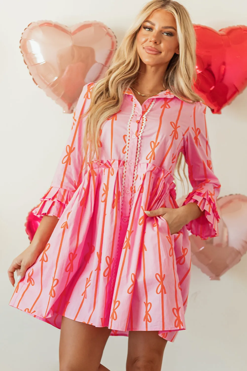 Bowknot Striped Printed Shirt Dress