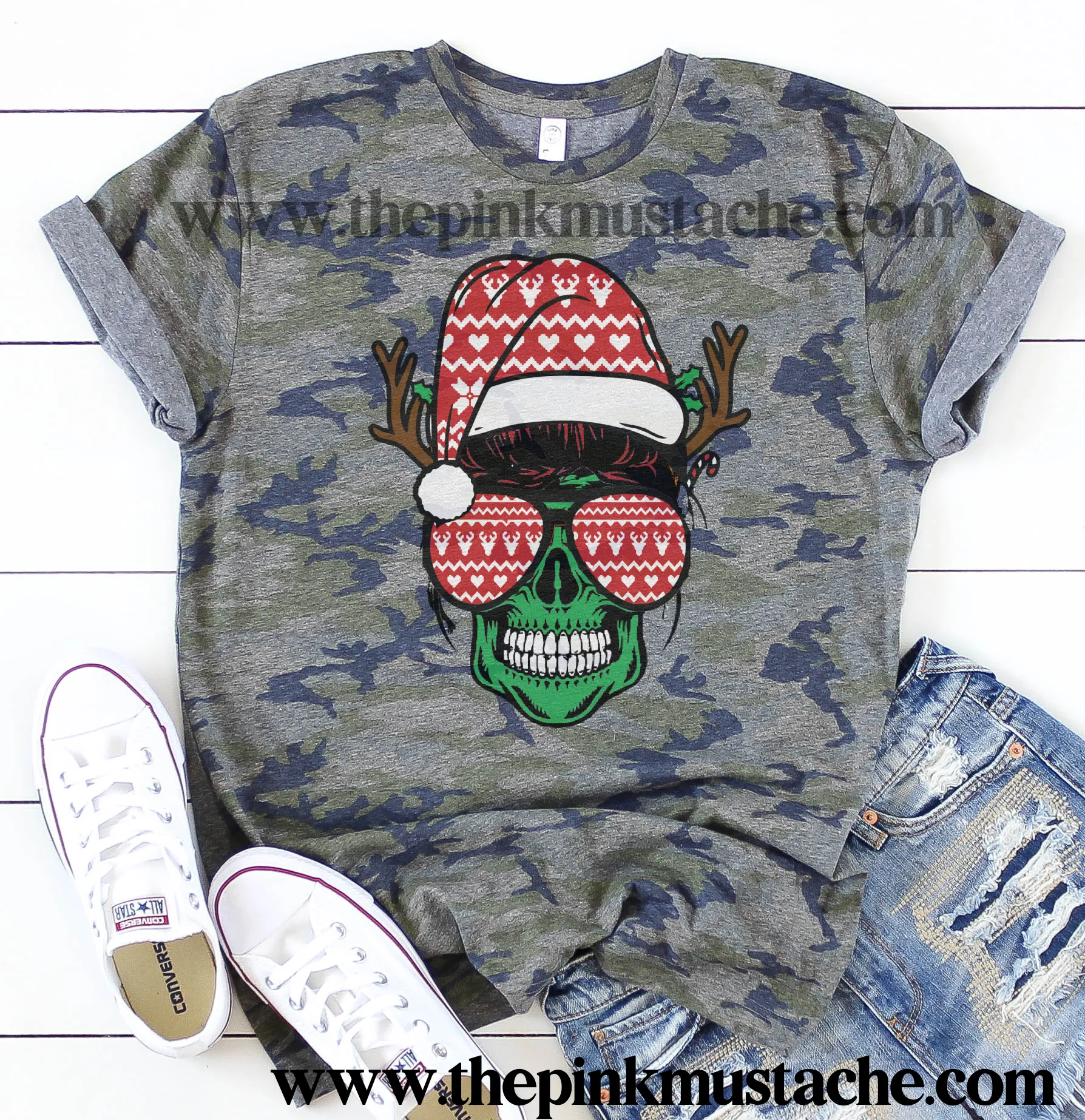 Camouflage Mom Life Skeleton Christmas Messy Bun Mom Camo Shirt/ Christmas Tees