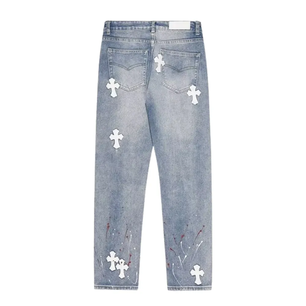 Classic Cross Leather Label Ripped Jeans