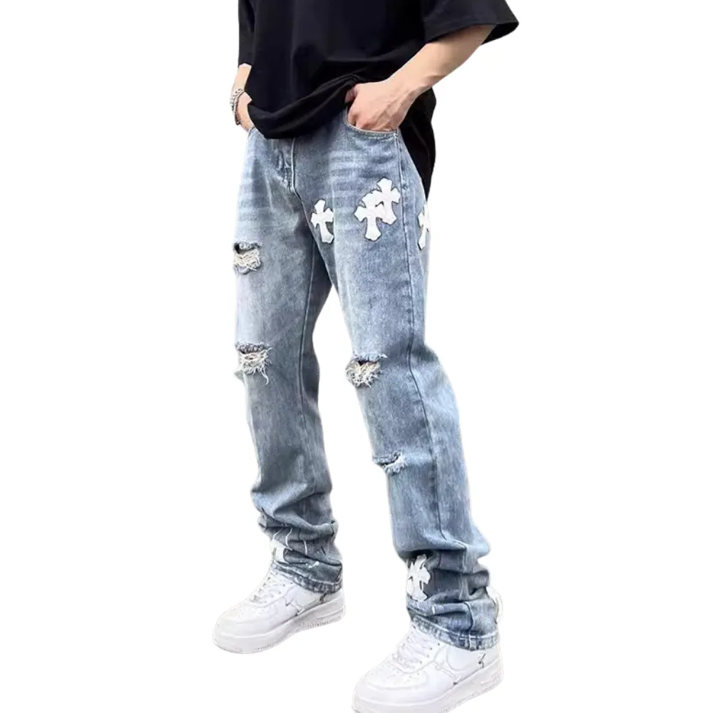 Classic Cross Leather Label Ripped Jeans