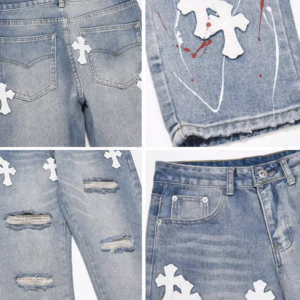 Classic Cross Leather Label Ripped Jeans