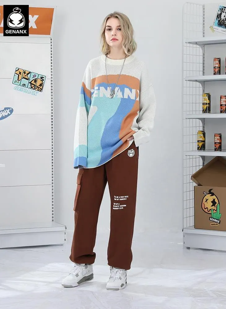 Color Block Letter Jacquard Crew Neck Sweater