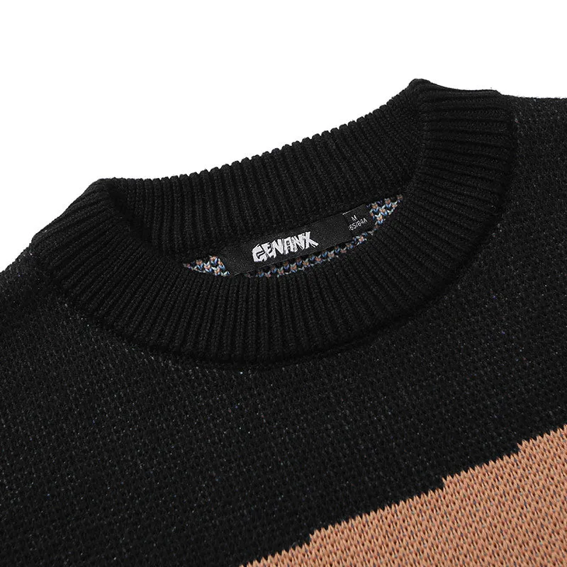 Color Block Letter Jacquard Crew Neck Sweater