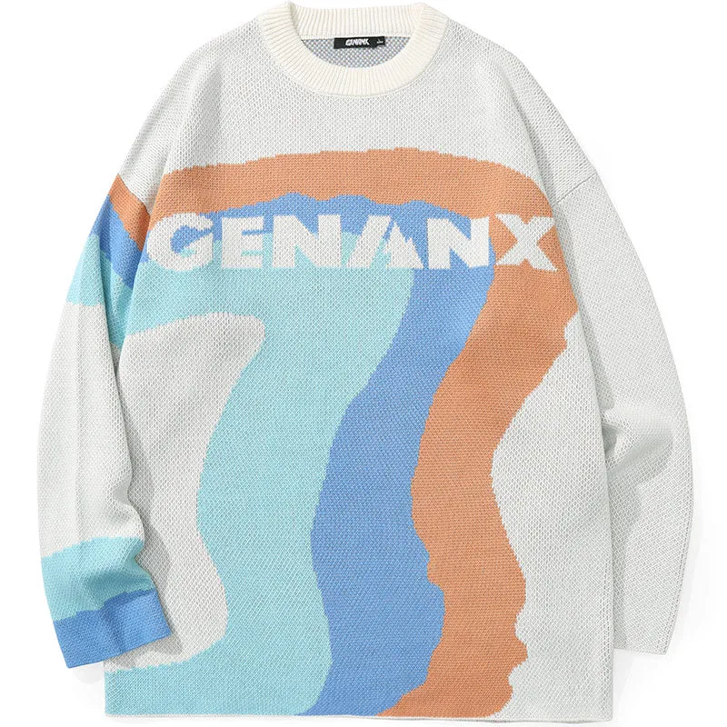 Color Block Letter Jacquard Crew Neck Sweater