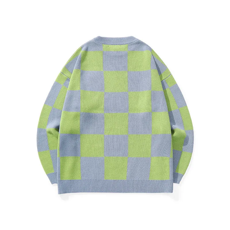 Color contrast patchwork plaid jacquard big-tooth monster graffiti embroider down shoulder sleeve sweater