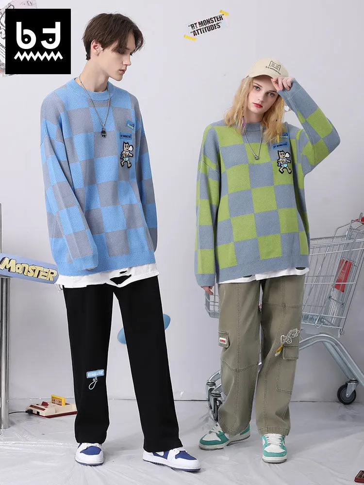 Color contrast patchwork plaid jacquard big-tooth monster graffiti embroider down shoulder sleeve sweater