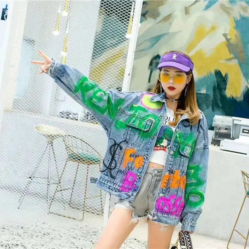 Colorful Graffiti Letters Loose Denim Jacket