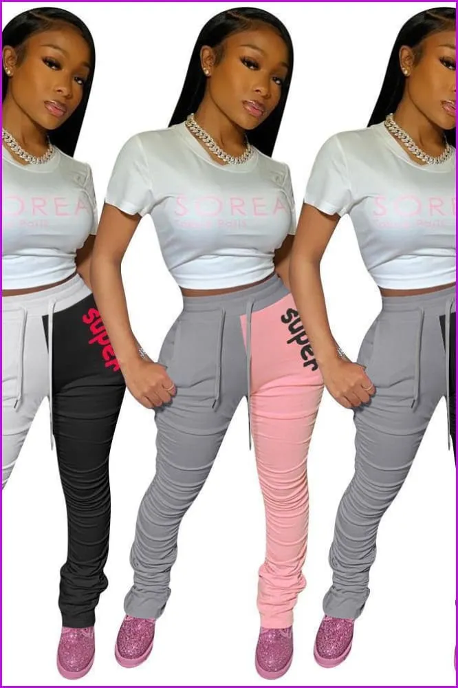 Contrast Color Letter Embroidery Ruched Casual Stacked Sweatpants F880