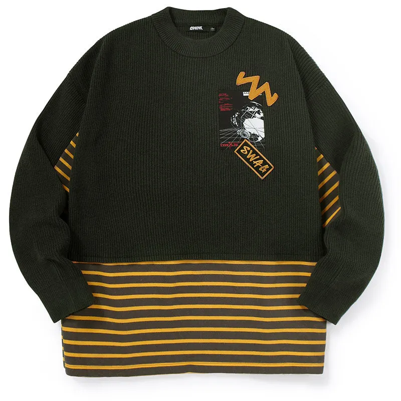 Contrast Color Stripe Cartoon Jacquard Sweater