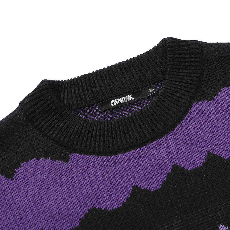 Dark Purple Stripe Jacquard Crew Neck Sweater