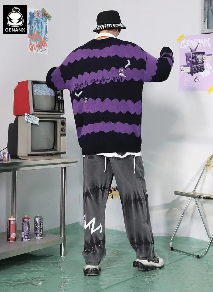 Dark Purple Stripe Jacquard Crew Neck Sweater