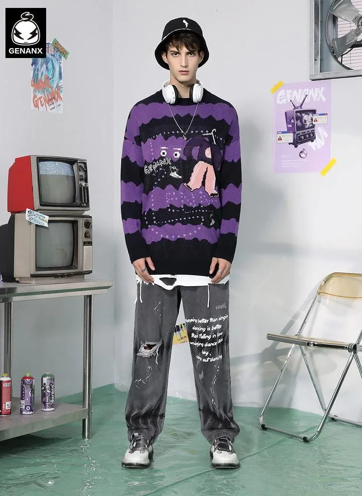 Dark Purple Stripe Jacquard Crew Neck Sweater