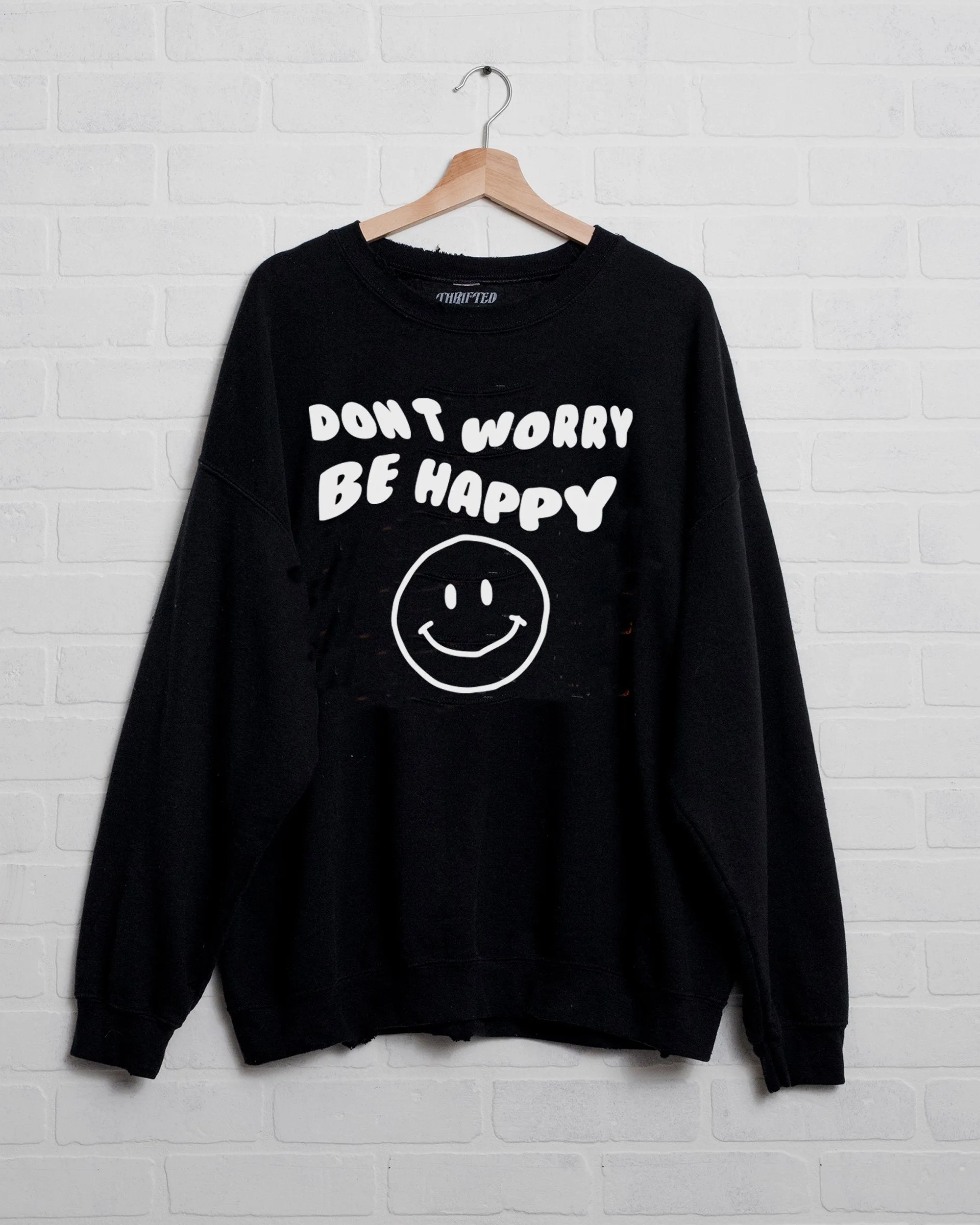 Don't Worry Be Happy Puff Ink Black Thrifted Sweatshirt (FINAL SALE)