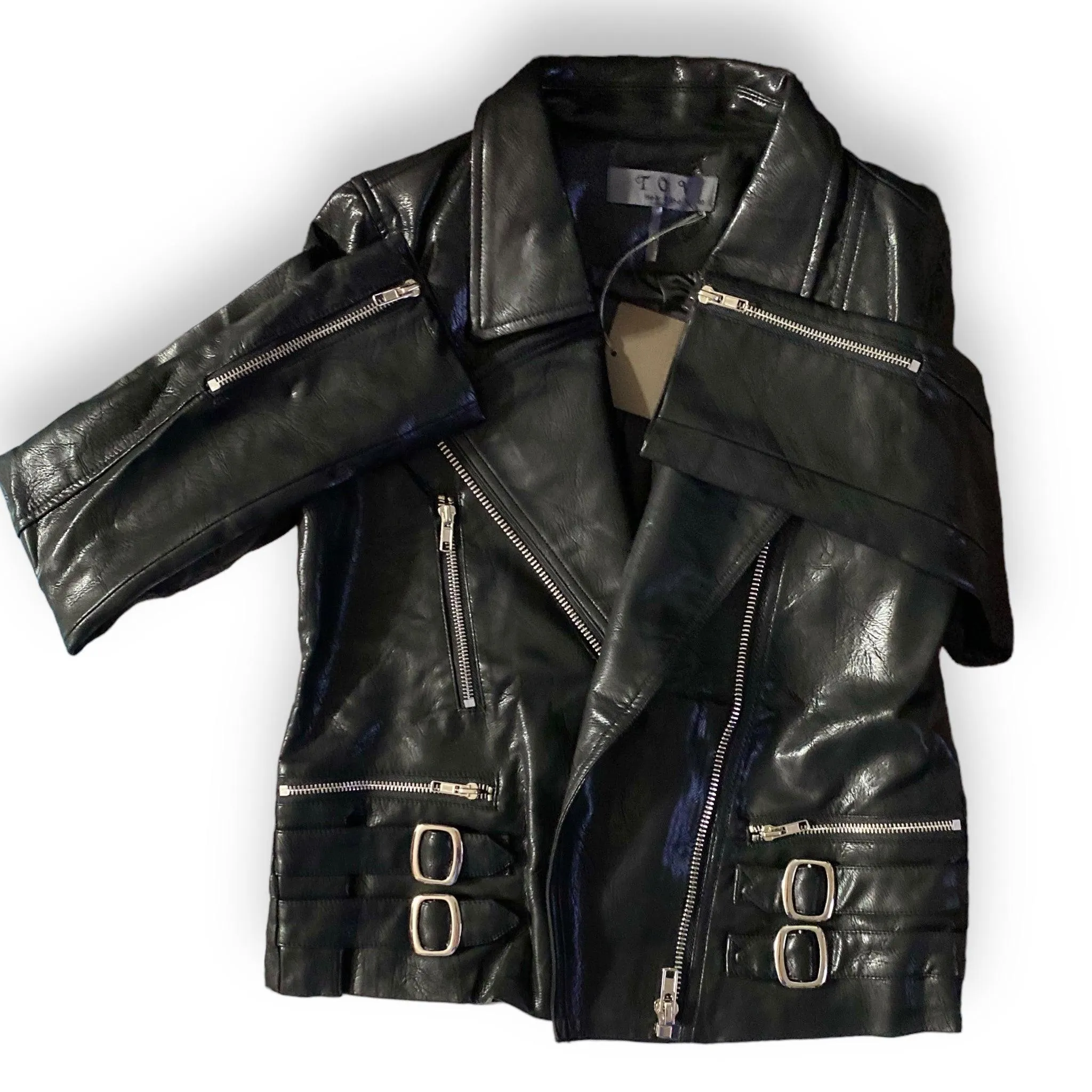 Edgy Black Double Buckled Graffiti Studded Moto Jacket