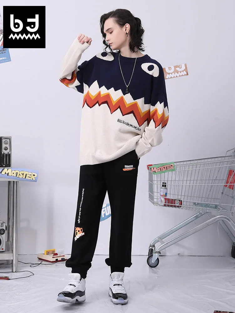 Fade color Cute Big tooth monster jacquard crew-neck sleeved sweater