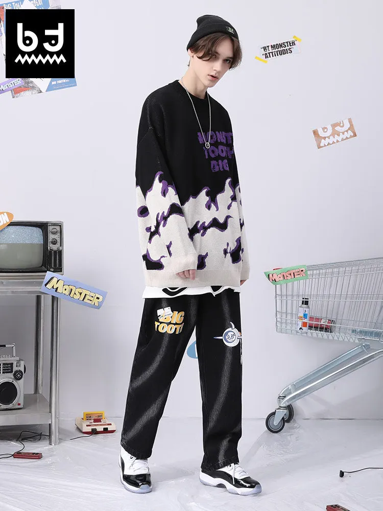 Fade color letter flame jacquard drop cuff crew neck pullover sweater