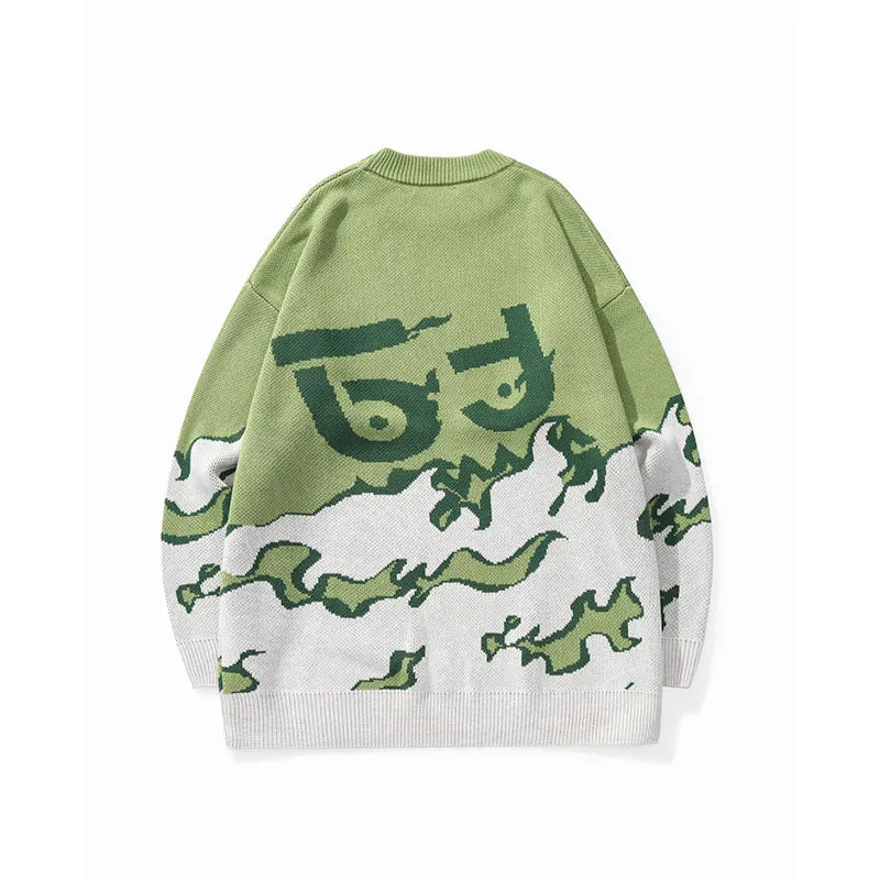 Fade color letter flame jacquard drop cuff crew neck pullover sweater