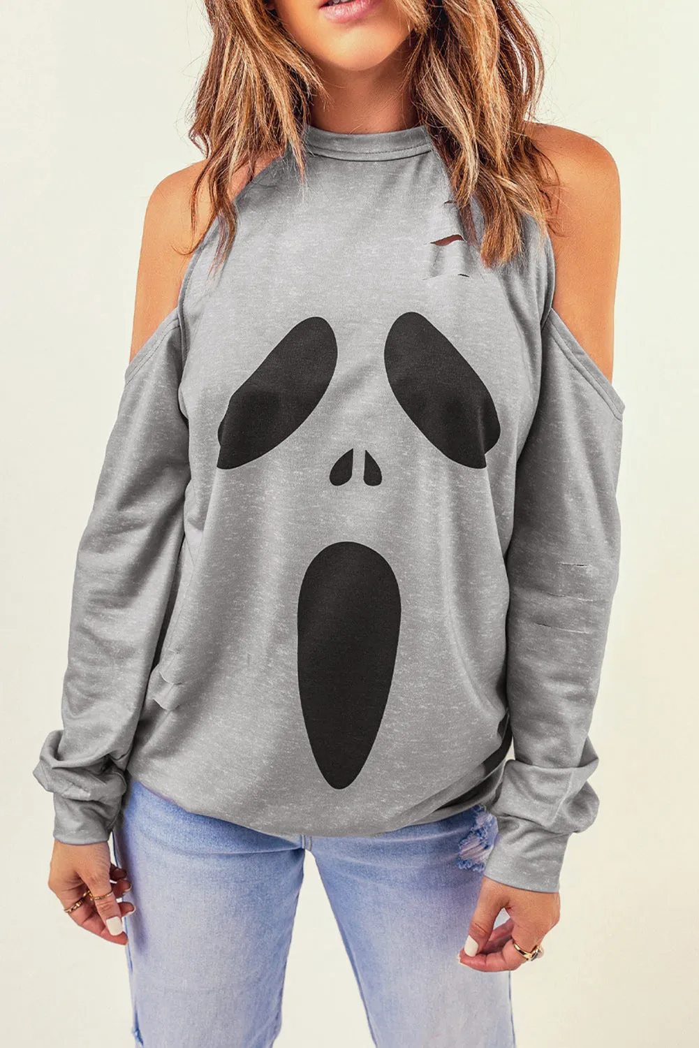 Gray Distressed Halloween Ghost Cold Shoulder Sweatshirt