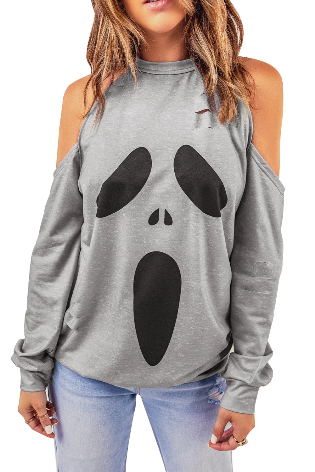 Gray Distressed Halloween Ghost Cold Shoulder Sweatshirt