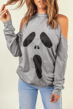 Gray Distressed Halloween Ghost Cold Shoulder Sweatshirt