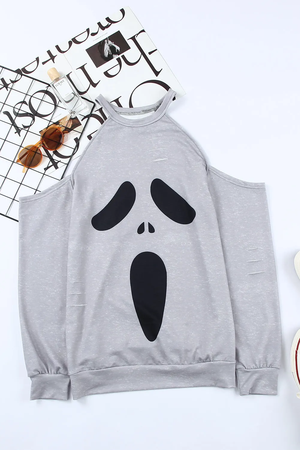 Gray Distressed Halloween Ghost Cold Shoulder Sweatshirt