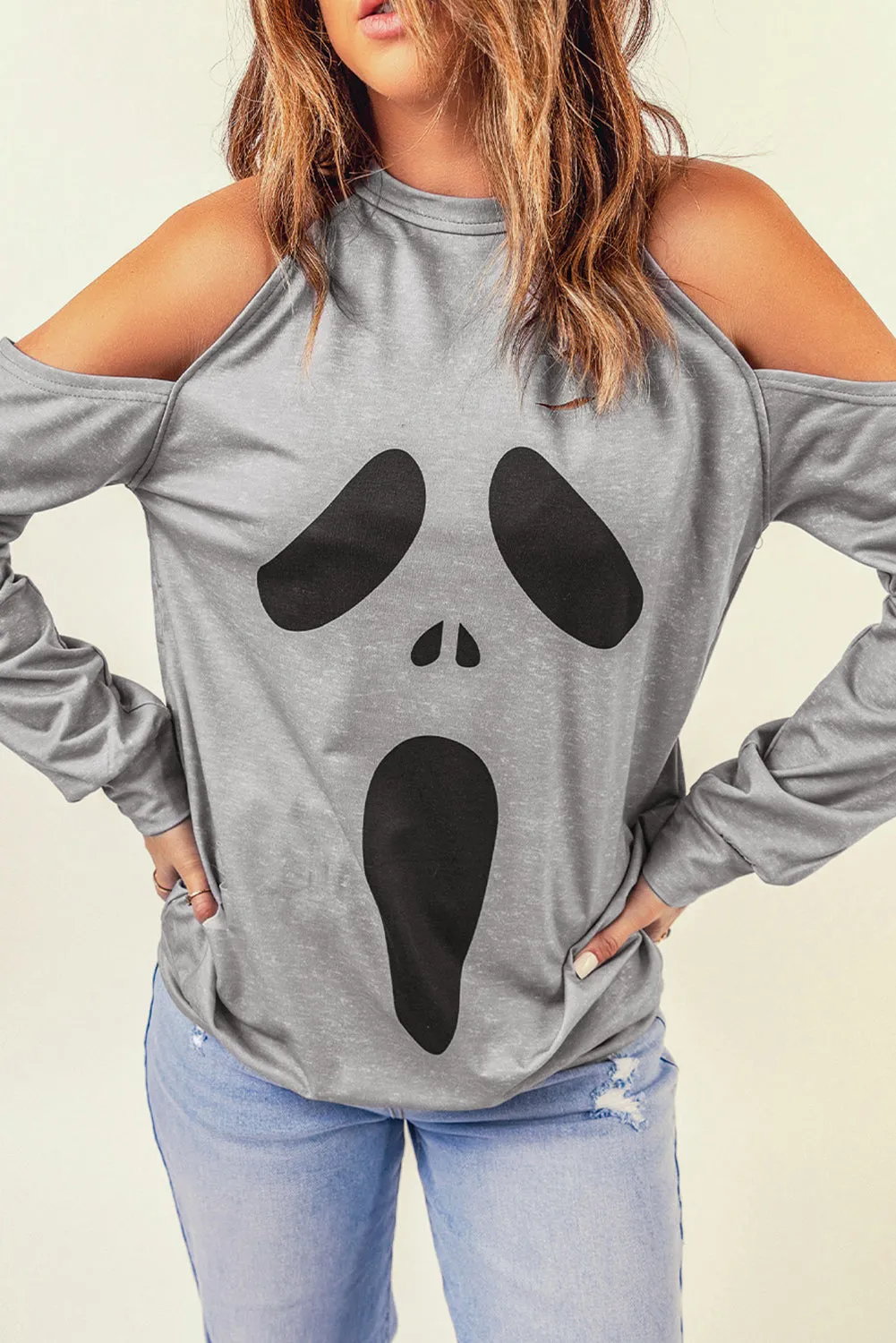 Gray Distressed Halloween Ghost Cold Shoulder Sweatshirt