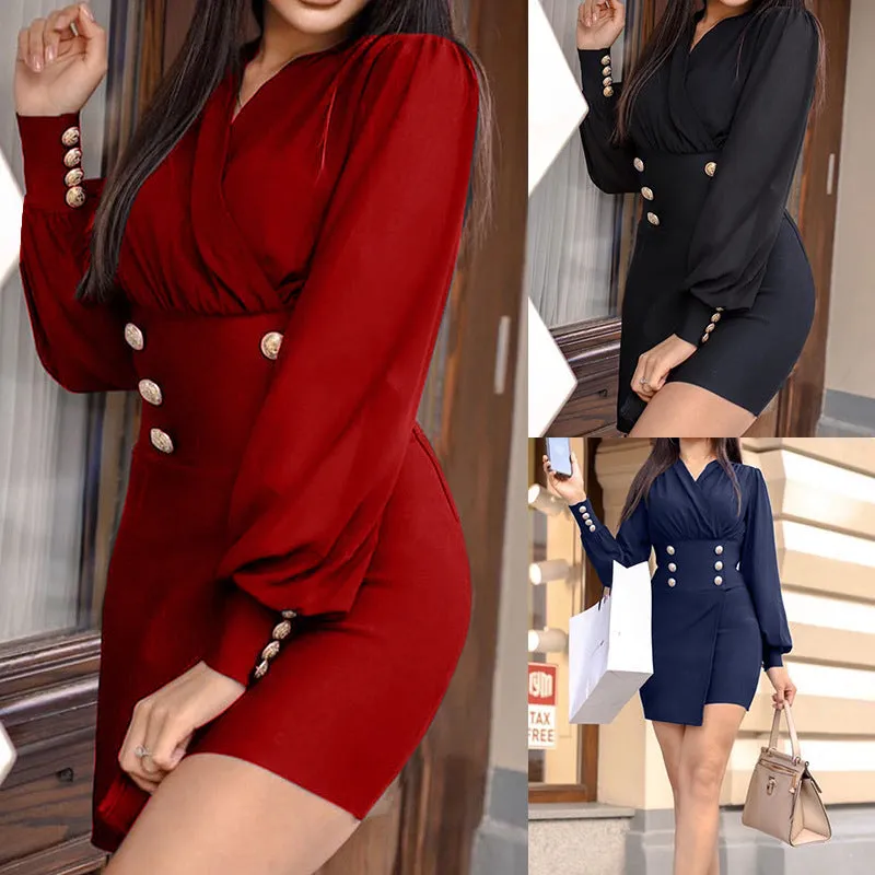 Hepburn style double-breasted suit suit temperament solid color long-sleeved hip dress