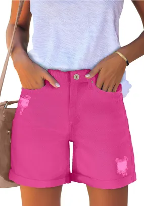 Hot Pink High Waist Roll-Over Distressed Jean Shorts