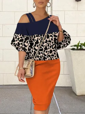 Lantern Sleeve Leopard Print Midi Dresses