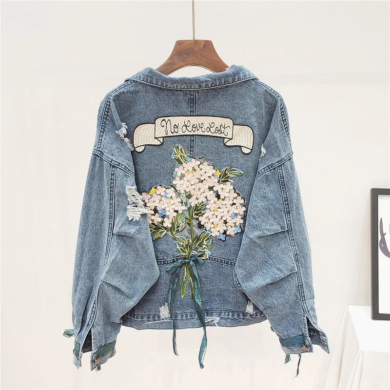 LINSA EKO FIBRATO NO LOVE LOST FLOWER EMBROIDERED RIPPED DENIM JEAN JACKET