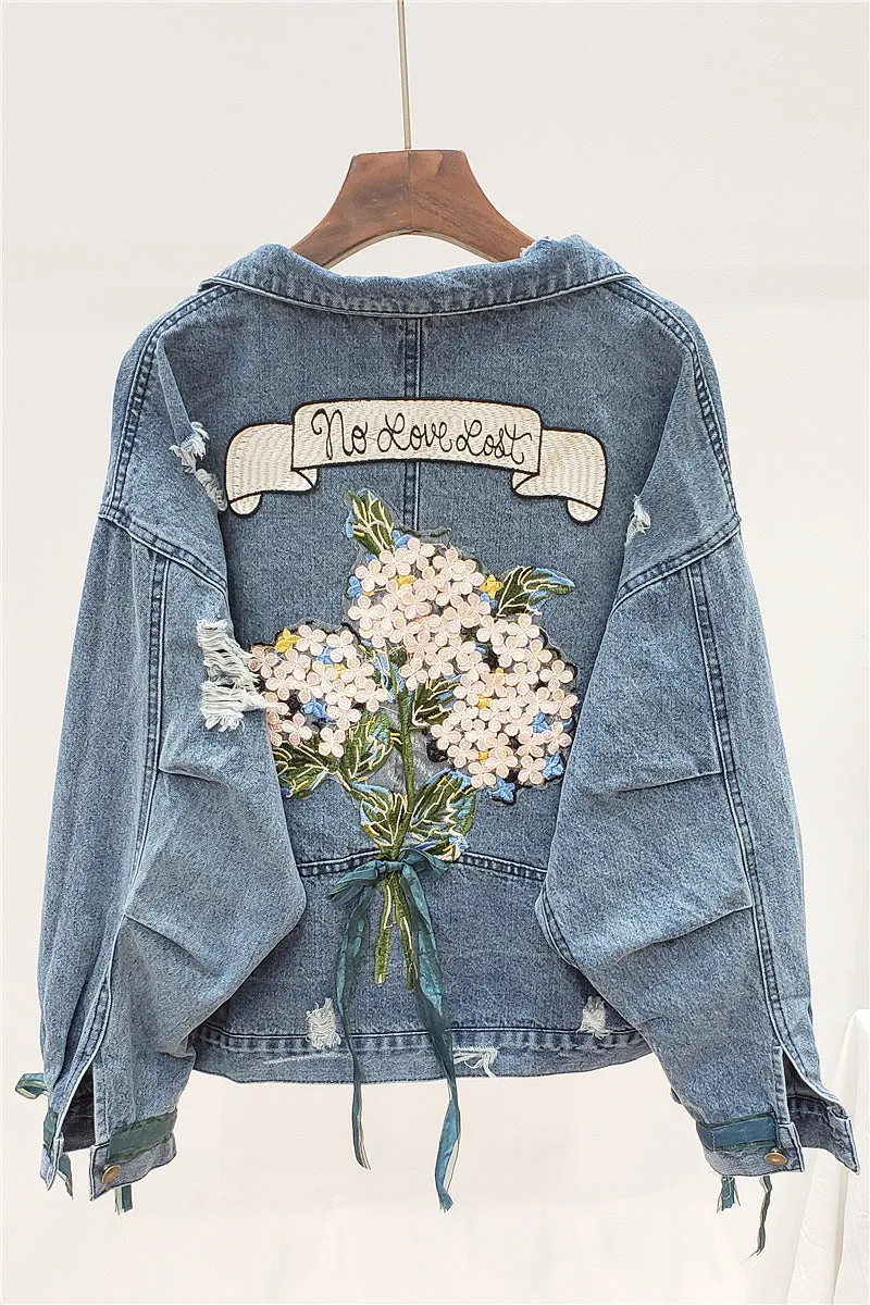 LINSA EKO FIBRATO NO LOVE LOST FLOWER EMBROIDERED RIPPED DENIM JEAN JACKET