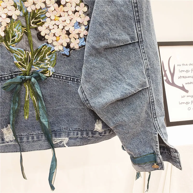 LINSA EKO FIBRATO NO LOVE LOST FLOWER EMBROIDERED RIPPED DENIM JEAN JACKET