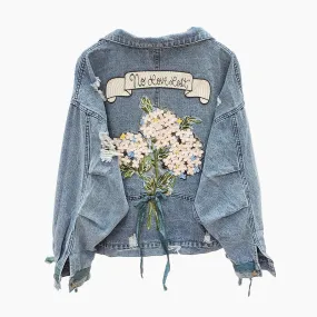 LINSA EKO FIBRATO NO LOVE LOST FLOWER EMBROIDERED RIPPED DENIM JEAN JACKET