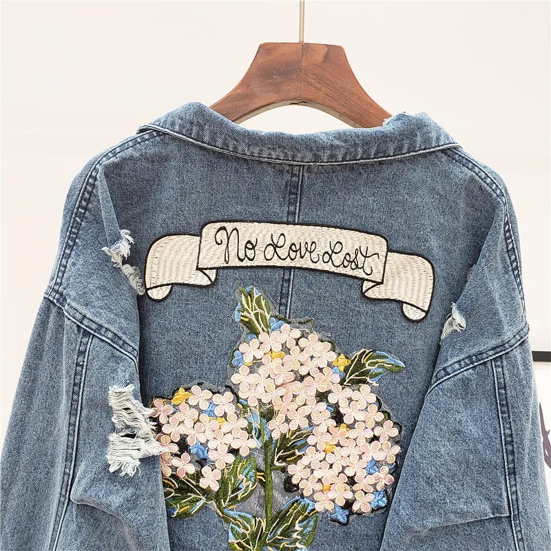 LINSA EKO FIBRATO NO LOVE LOST FLOWER EMBROIDERED RIPPED DENIM JEAN JACKET