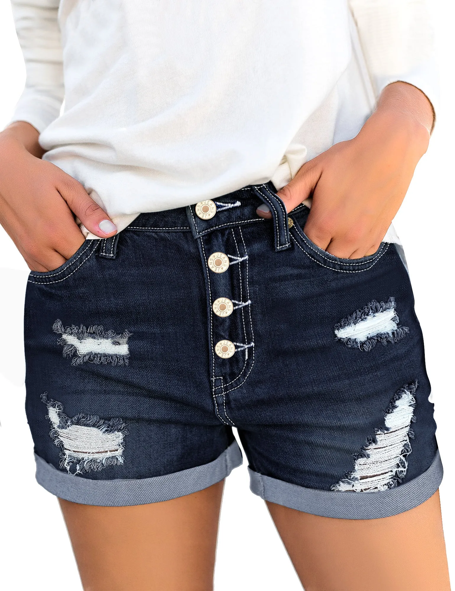 luvamia Women's Ripped Denim Jean Shorts High Waisted Stretchy Folded Hem Short Jeans