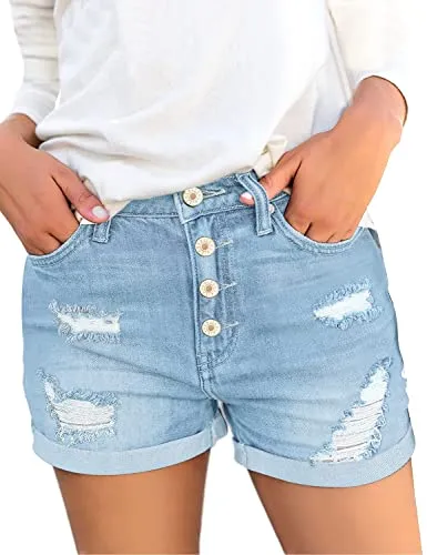 luvamia Women's Ripped Denim Jean Shorts High Waisted Stretchy Folded Hem Short Jeans