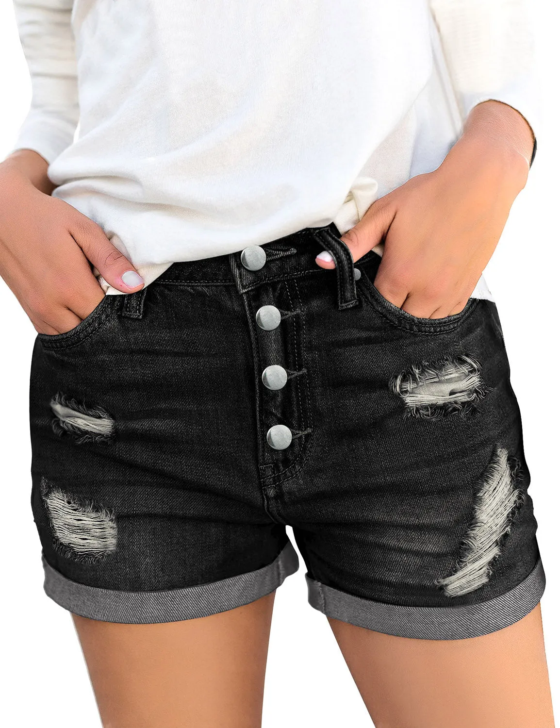 luvamia Women's Ripped Denim Jean Shorts High Waisted Stretchy Folded Hem Short Jeans