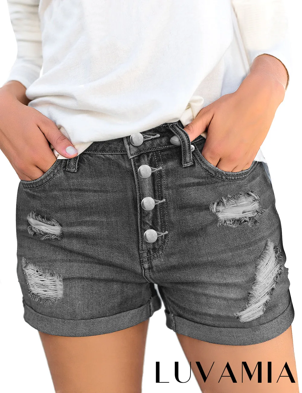 luvamia Women's Ripped Denim Jean Shorts High Waisted Stretchy Folded Hem Short Jeans