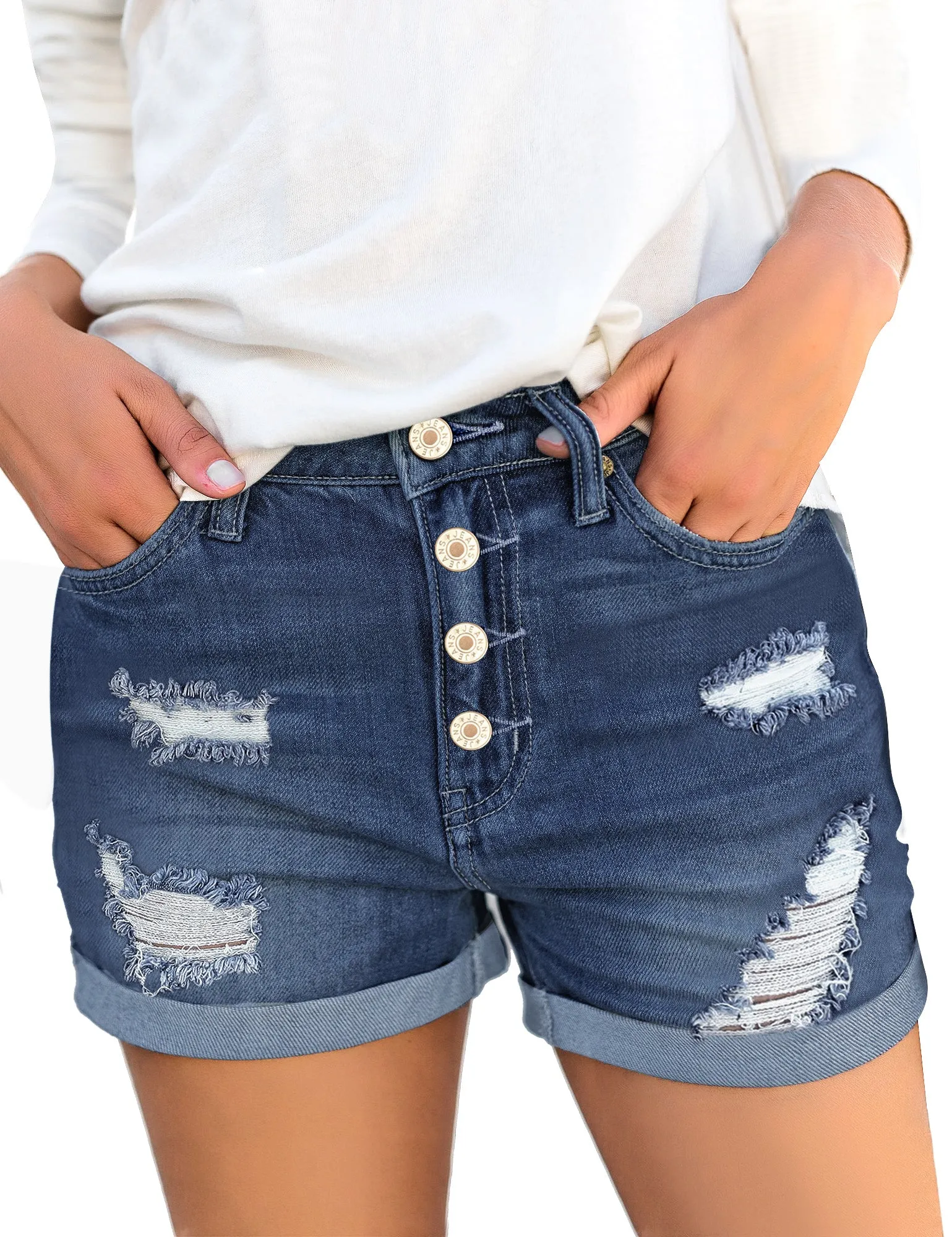 luvamia Women's Ripped Denim Jean Shorts High Waisted Stretchy Folded Hem Short Jeans