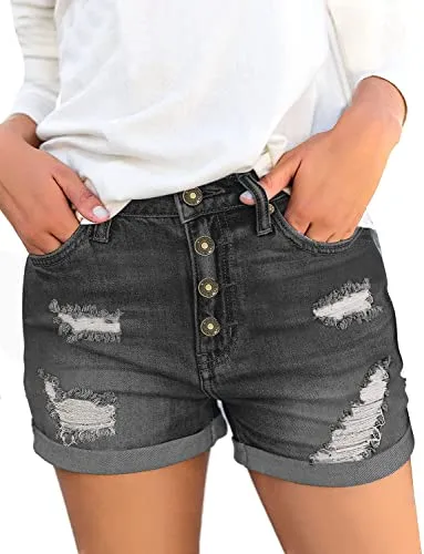 luvamia Women's Ripped Denim Jean Shorts High Waisted Stretchy Folded Hem Short Jeans