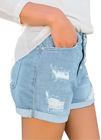 luvamia Women's Ripped Denim Jean Shorts High Waisted Stretchy Folded Hem Short Jeans